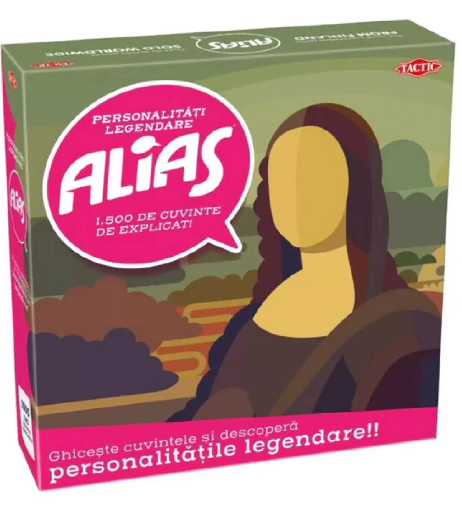 Az Alias: Legendás személyiségek társasjáték doboza, Mona Lisa ikonikus sziluettjével és a játékleírással.