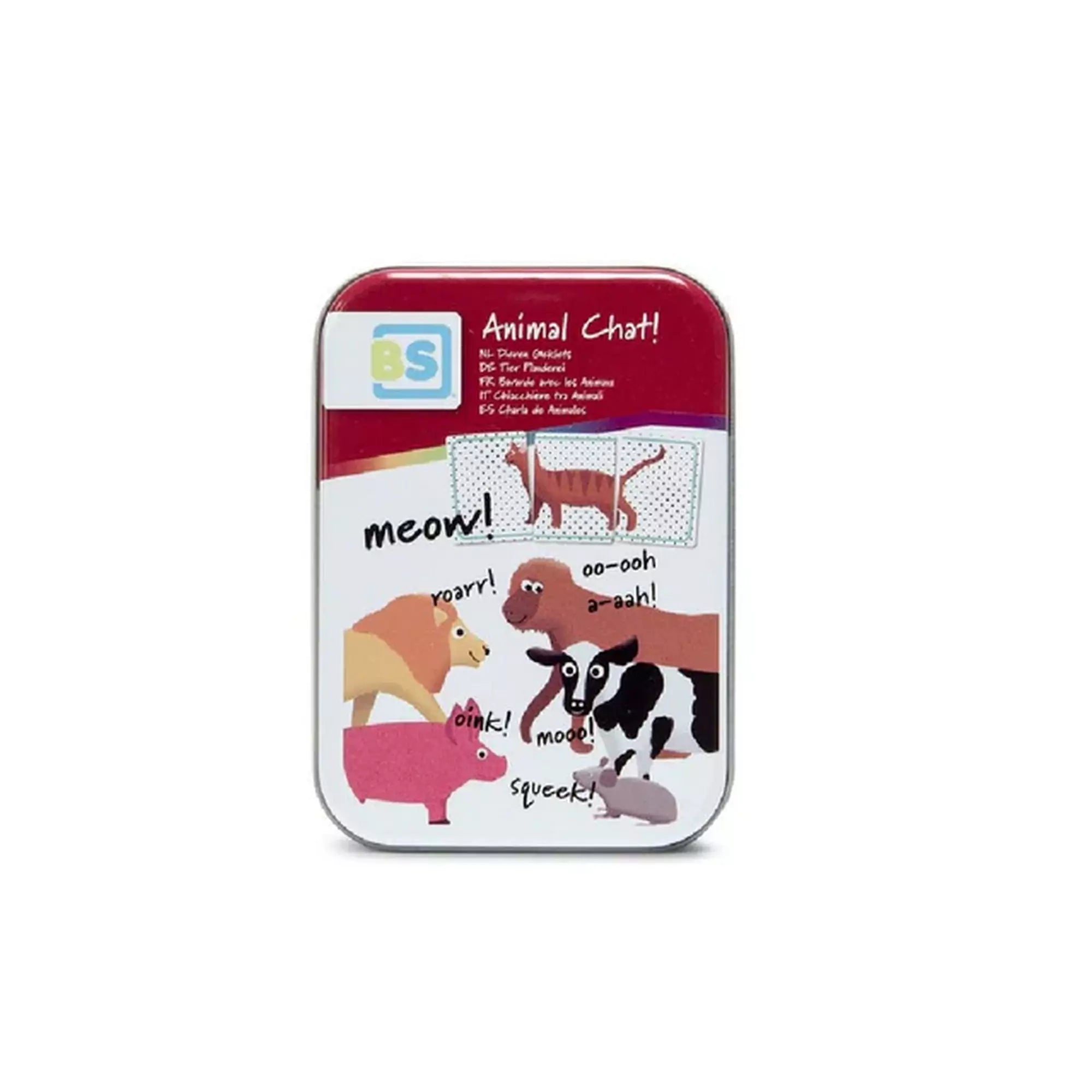 Fém dobozos kiszerelésű Animal Chat! kártyajáték színes állatfigurákkal és hangutánzó szavakkal díszítve a fedélen, például „meow!”, „moo!” és „roar!”.