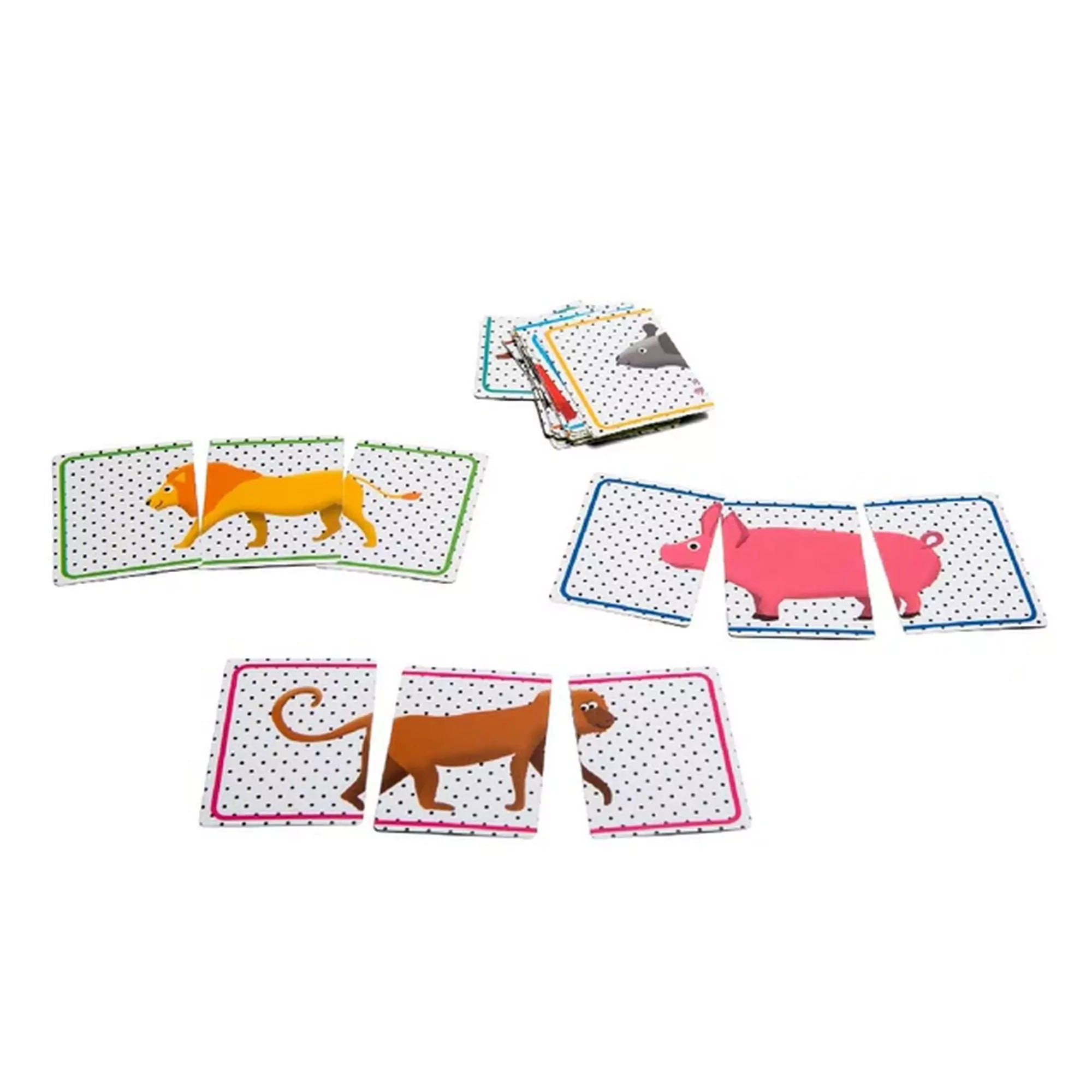 Az Animal Chat! kártyajáték kirakott lapjai, különböző állatok három részre osztott testével, például oroszlán, malac és majom képe.