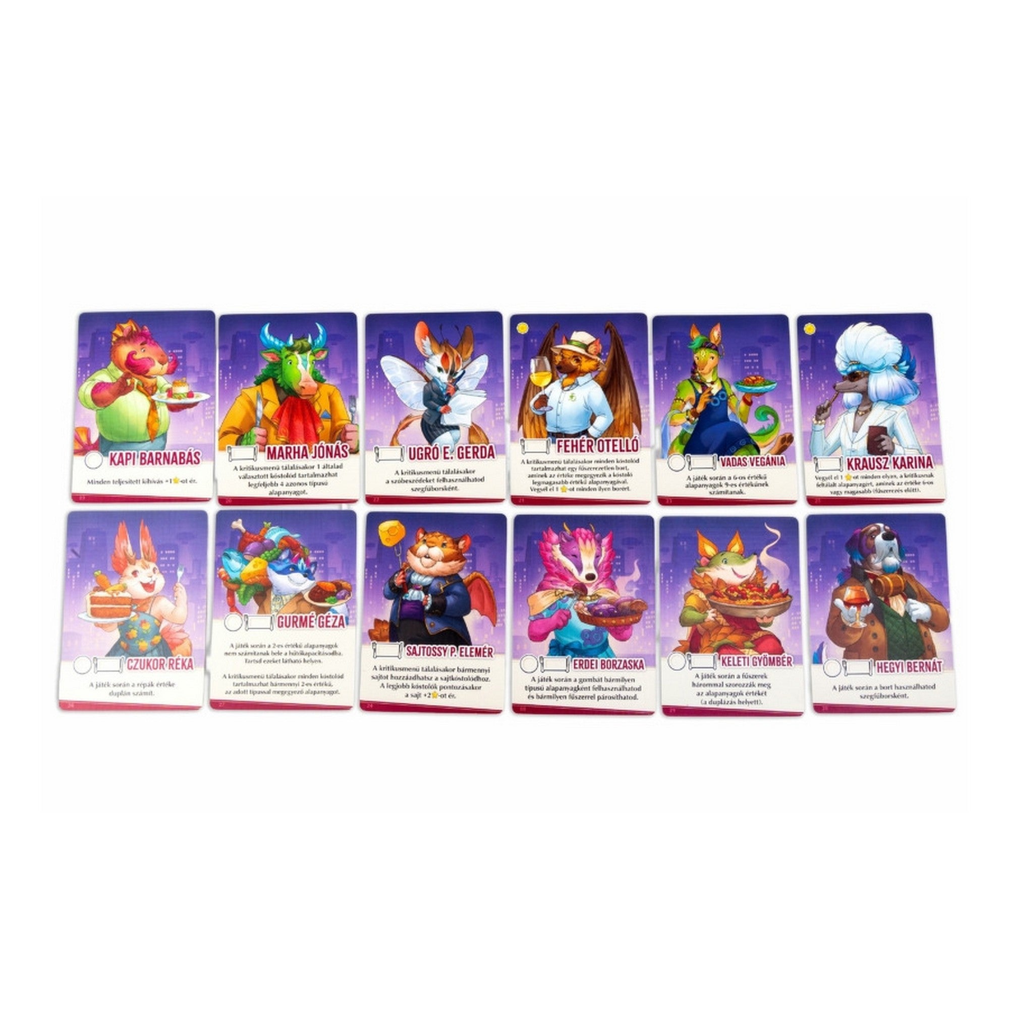 Az Állati fogások társasjáték karakterkártyái, színes állatséf figurákkal, mint Kapi Barnabás, Marha Jónás és Krausz Karina.