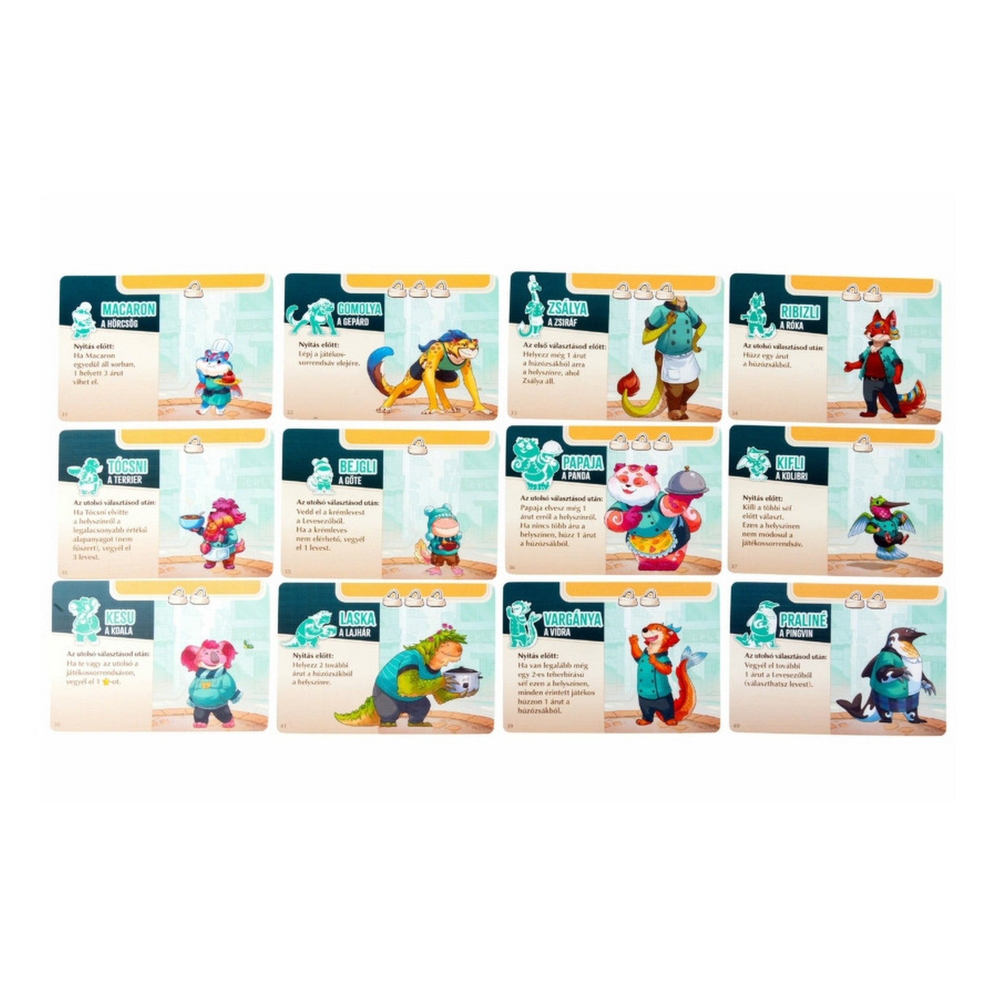 Az Állati fogások gyerekbarát karakterlapjai, humoros állatfigurákkal és rövid leírásokkal minden séfről.