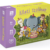 Állati szülinap” társasjáték színes doboza, elején születésnapi tortát körülálló állatfigurákkal, köztük elefánt, láma, zsiráf, panda, bagoly és maki.