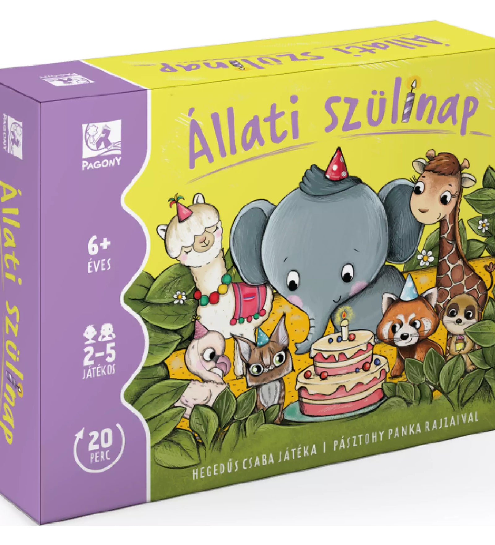 Állati szülinap társasjáték dobozkép – Vidám illusztráció elefánttal, zsiráffal, lámával és más állatokkal szülinapi hangulatban.