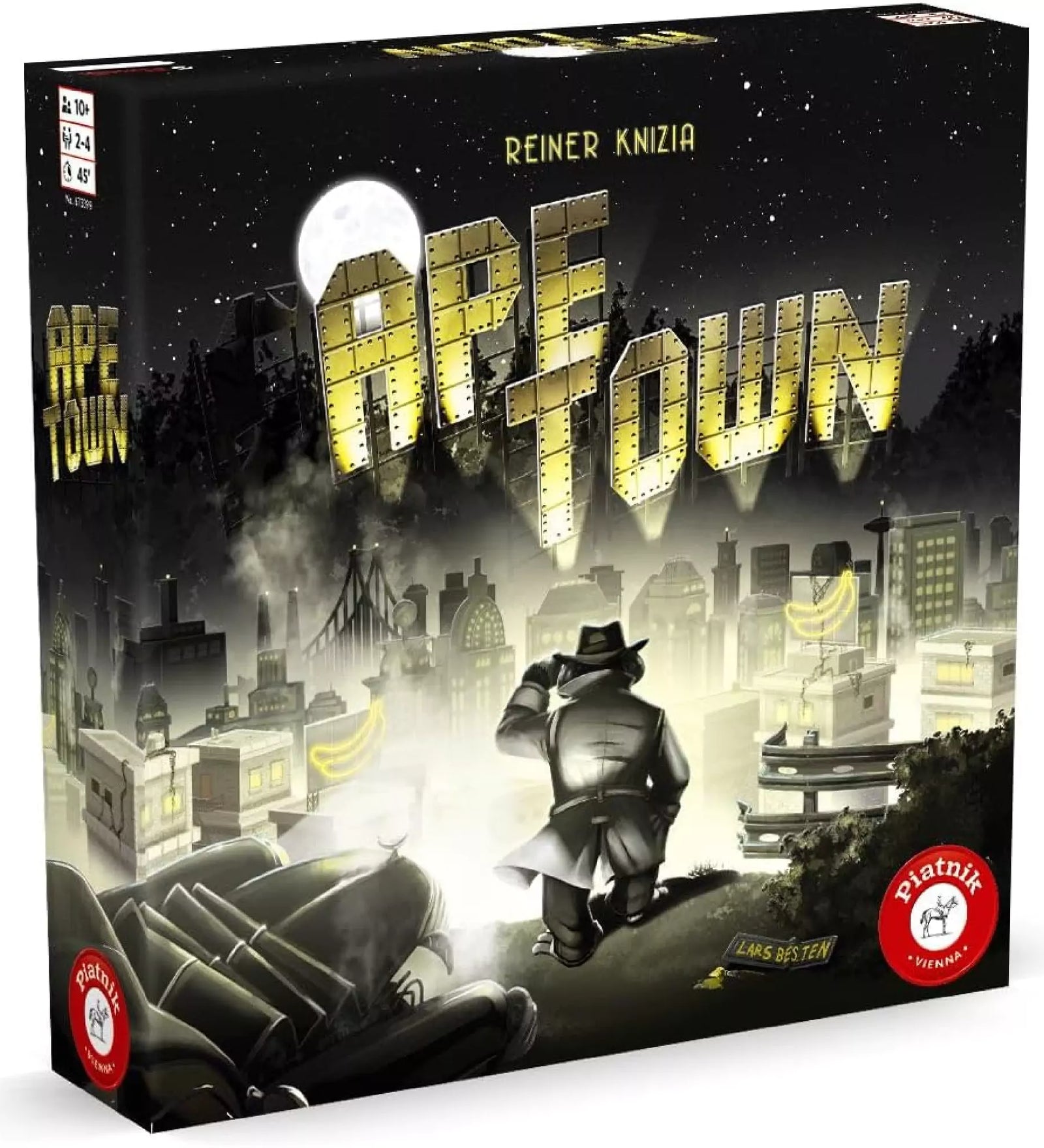 Ape Town társasjáték doboza, noir hangulatú városi háttérrel, amelyben egy detektív figyeli a fénnyel kiírt címet – egy izgalmas stratégiai játék Reiner Knizia tollából.