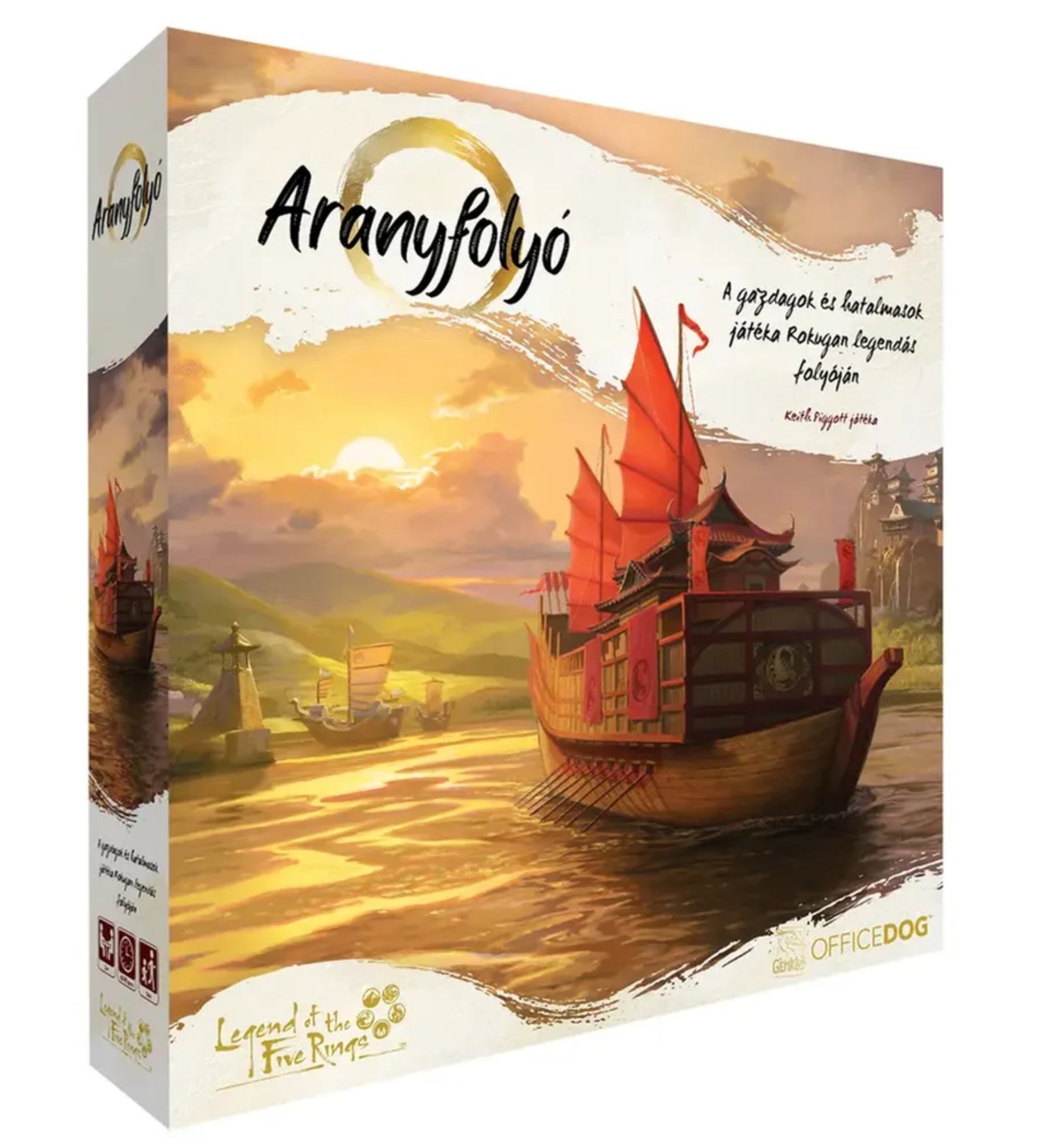 Az Aranyfolyó társasjáték doboza, amelyen egy naplementében hajózó tradicionális keleti hajó látható, a Legend of the Five Rings világából.