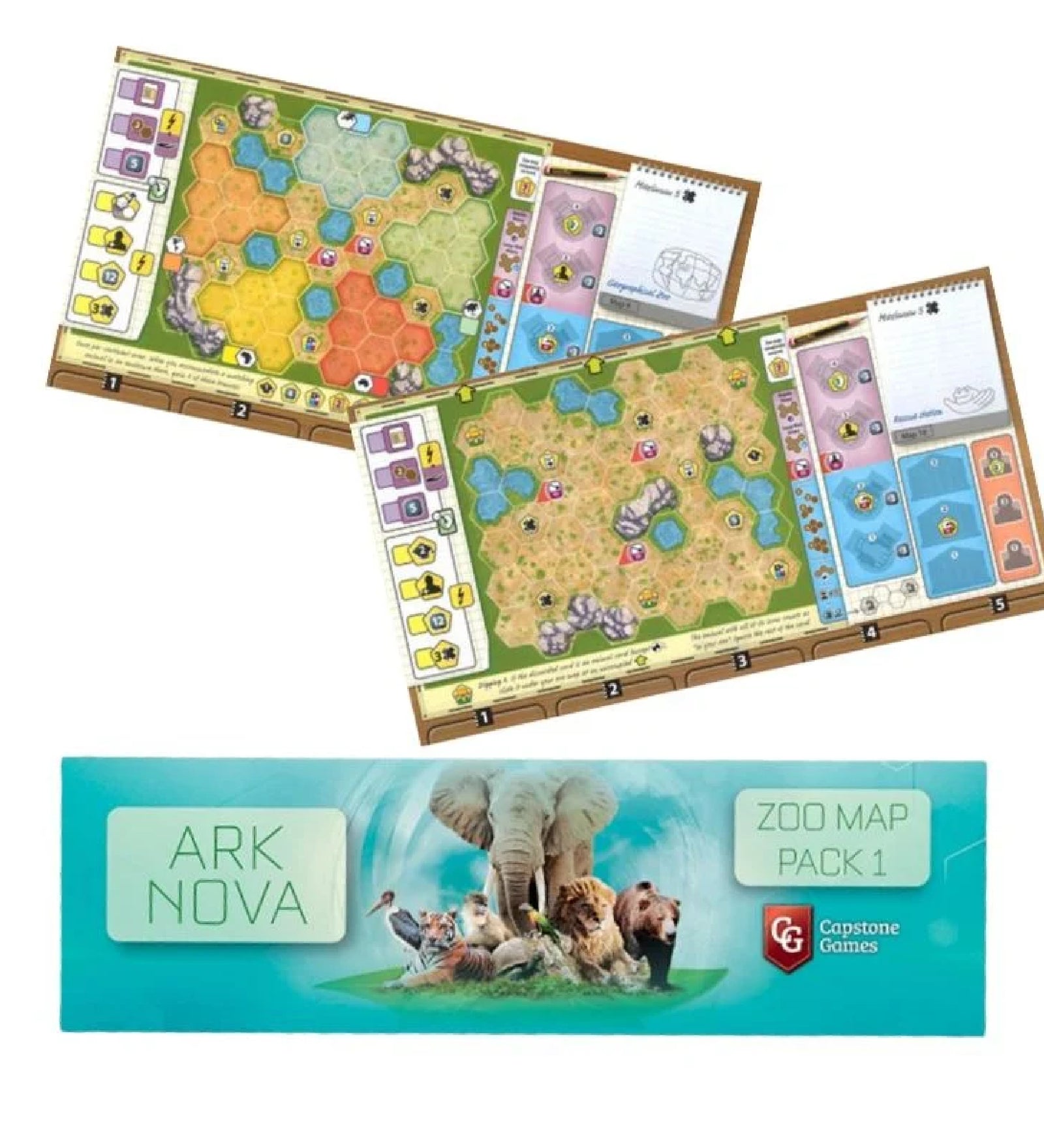 Ark Nova: Zoo Map Pack 1 kiegészítő – Kétoldalas állatkerti játéktérkép eltérő térképelrendezéssel és játékelemekkel.