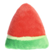 Görögdinnye plüss játék hátulról, piros felső résszel és zöld alsó réteggel, bolyhos felülettel és lekerekített formával