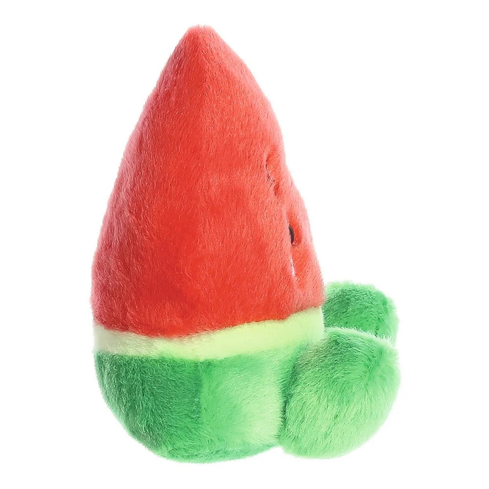 Görögdinnye plüss játék oldalnézetben, élénk piros és zöld színekkel, puha textúrával és kerek, ölelhető kialakítással