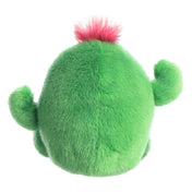 Kaktusz plüss játék hátulról, egyszínű zöld, selymes tapintású felülettel és lekerekített formával, tetején rózsaszín díszítéssel
