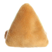 Pizza szelet plüss játék hátulról, egyszínű barna, bolyhos felülettel és lekerekített, puha kialakítással