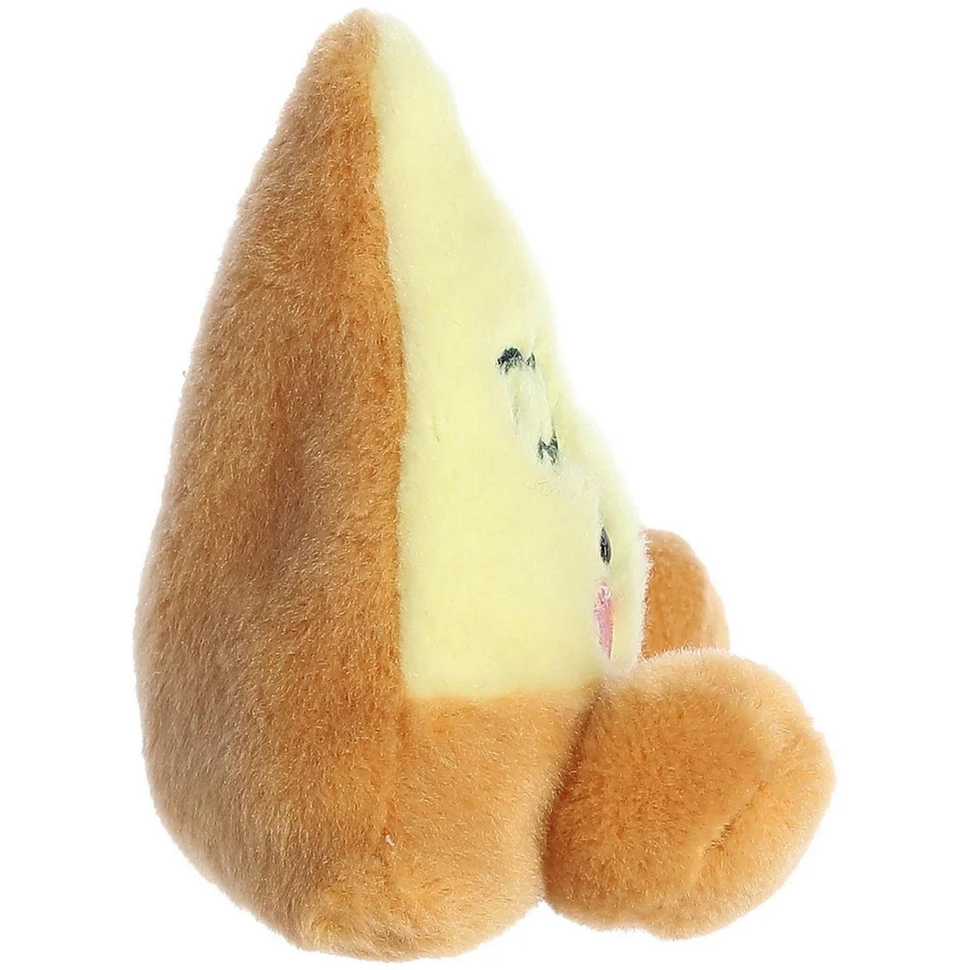 Pizza szelet plüss játék oldalnézetben, háromszög alakú formával, puha textúrával és részletgazdag kidolgozással