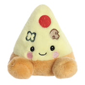 Pizza szelet plüss játék elölnézetben, vidám arckifejezéssel, hímzett feltétekkel és puha, ölelhető kivitelben