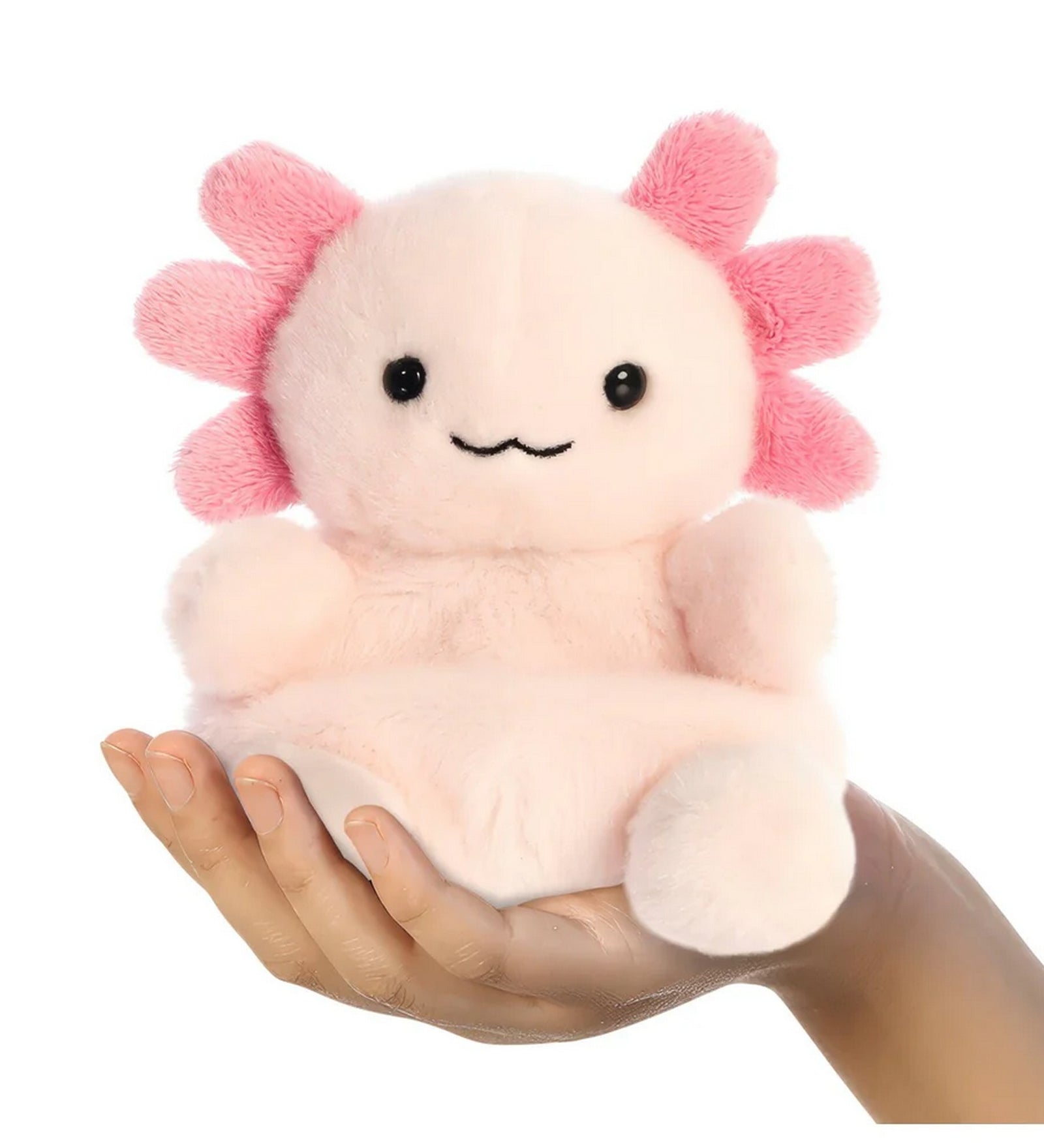 Rózsaszín axolotl plüss játék kézben tartva, mosolygós arccal, fekete szemekkel és puha, selymes tapintású anyagból készült aranyos kialakítással