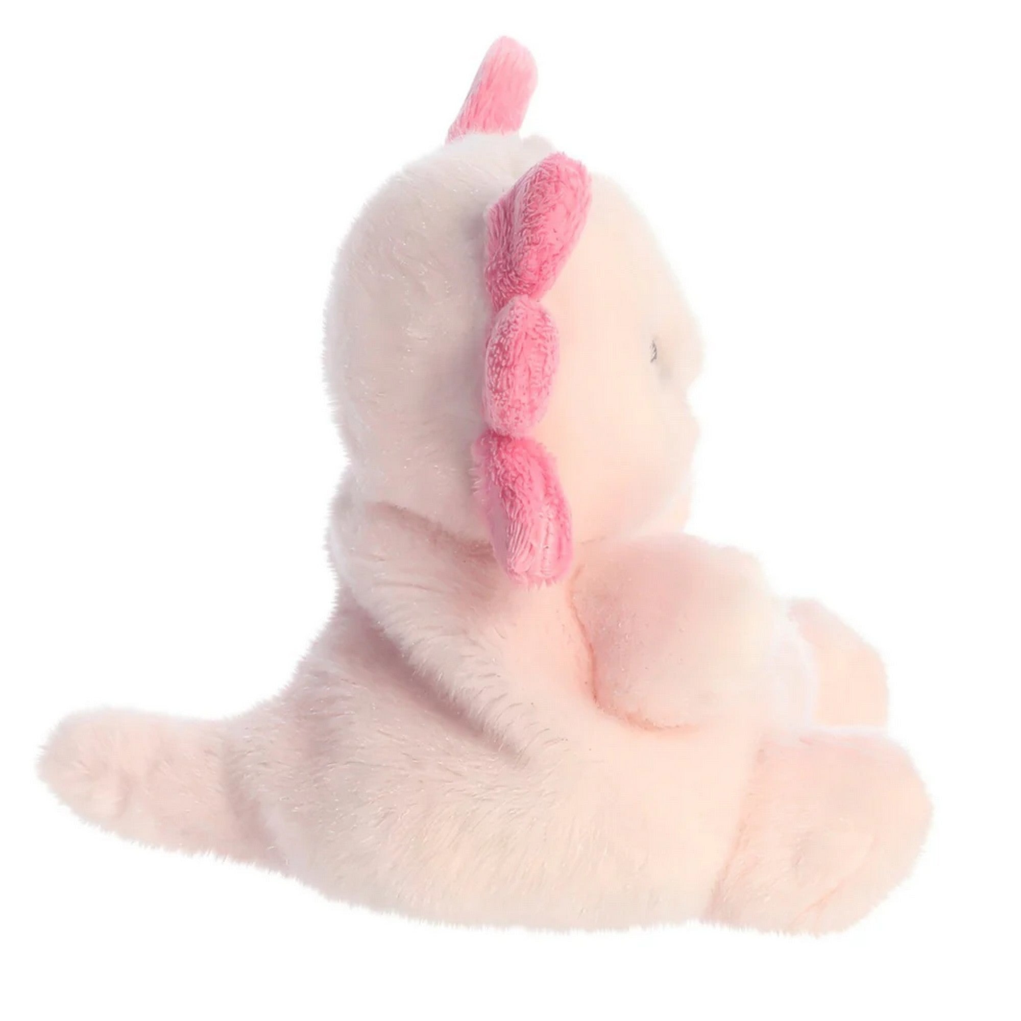 Rózsaszín axolotl plüss játék oldalnézetben, jellegzetes kopoltyúkkal és lekerekített, puha testtel