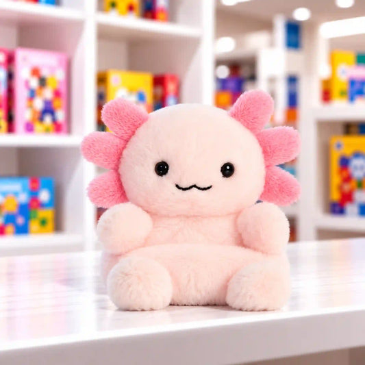 Rózsaszín axolotl plüssfigura puha, bolyhos anyagból, jellegzetes külső kopoltyúkkal és kedves, mosolygós arccal, játékbolti környezetben.
