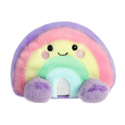 Szivárvány plüss játék elölnézetben, vidám arccal, színes ívekkel és puha, gyerekbarát kivitelben