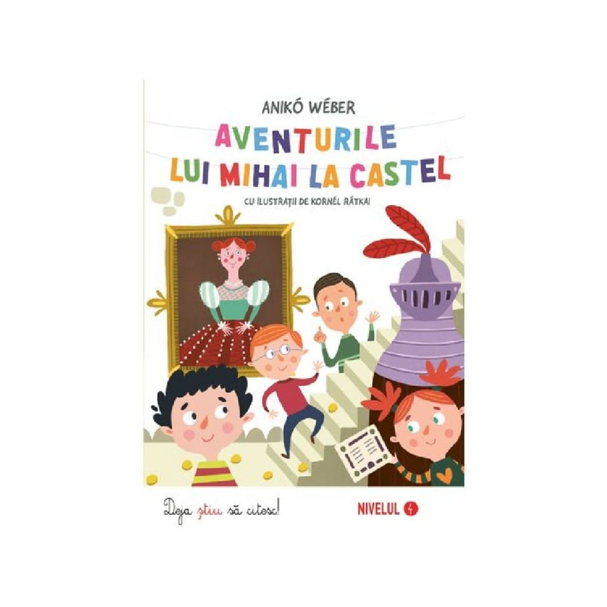 Aventurile lui Mihai la castel című román nyelvű gyerekkönyv borítója. Vidám, színes illusztráción gyerekek fedeznek fel egy kastélyt, lépcsőkön másznak, páncélos lovagot és régi festményt néznek meg. A borító játékos hangulatot áraszt, kalandra hívja a kis olvasókat.