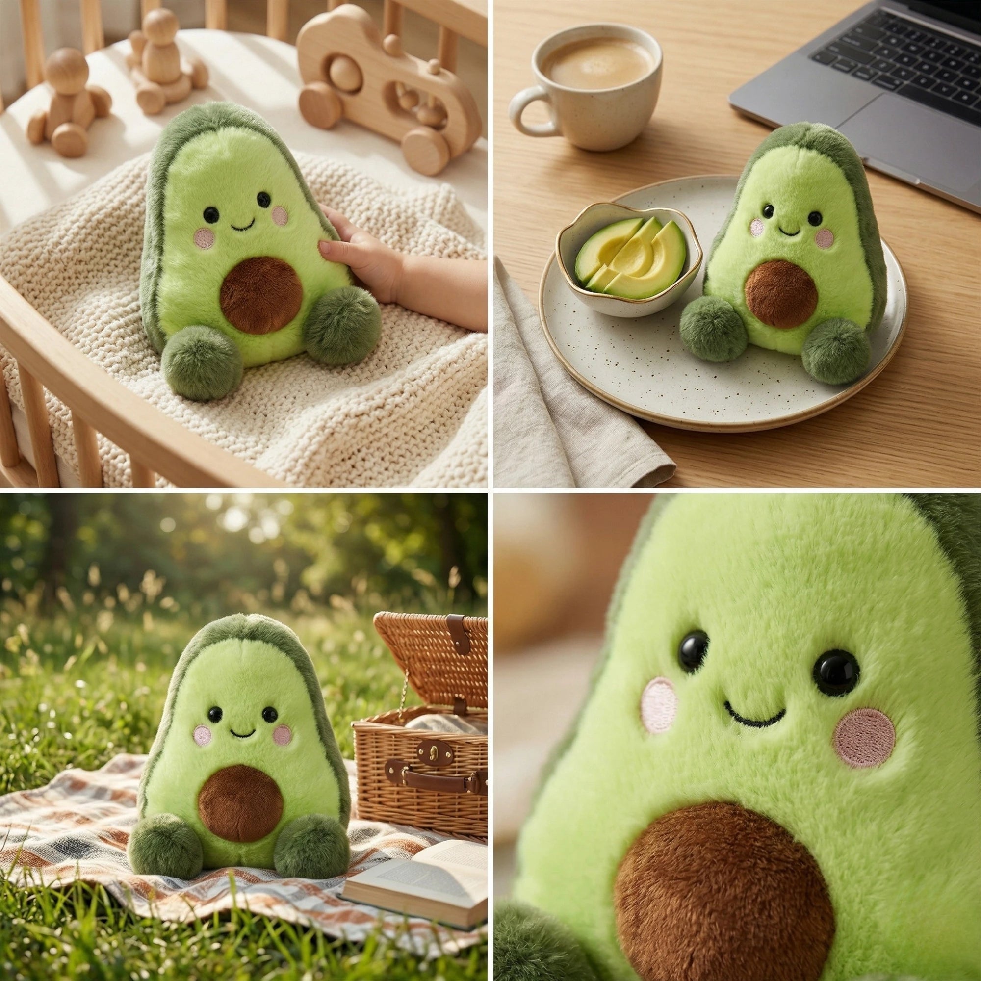 Egy négy képből álló kollázs, amely különböző helyzetekben mutatja be az aranyos plüss avokádót. A bal felső sarokban a plüss egy babaöbölben pihen, a jobb felsőben egy asztalon kávé és laptop mellett, a bal alsóban pedig a szabadban, egy piknikpokrócon látható. A jobb alsó panelen egy közelkép készült az avokádó mosolygós arcáról.