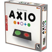 AXIO logikai társasjáték doboza, letisztult fehér dizájnnal, színes geometriai szimbólumokkal és a Pegasus Spiele kiadó logójával