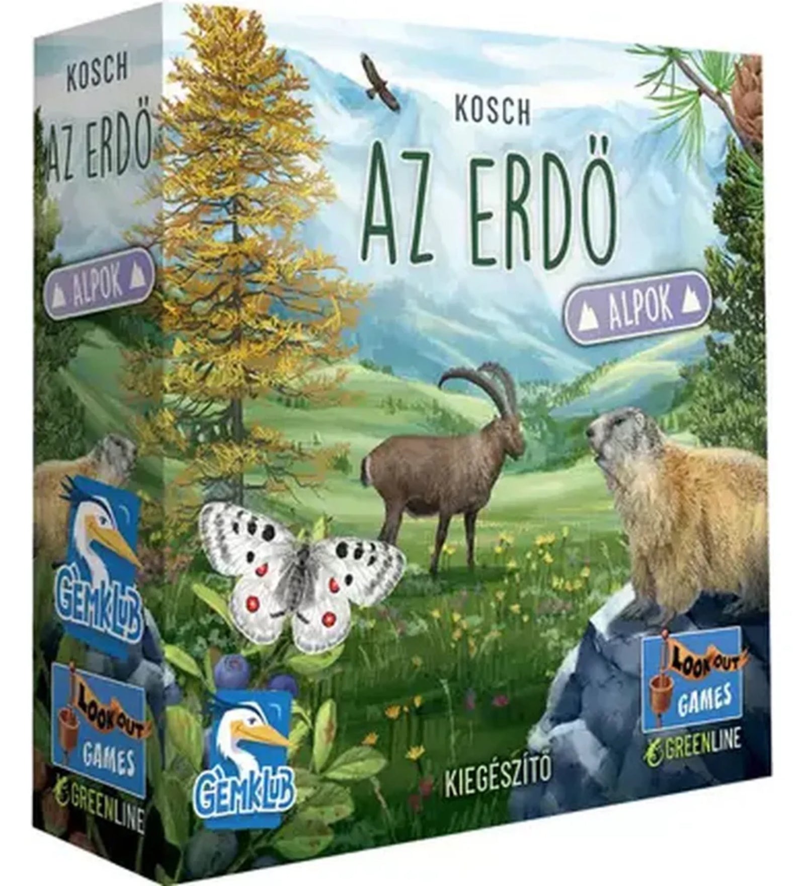 Az „Az erdő: Alpok” társasjáték doboza, amely alpesi tájat ábrázol zergével, mormotával, fenyőfával és pillangóval, a Gemklub és Lookout Games logóival.