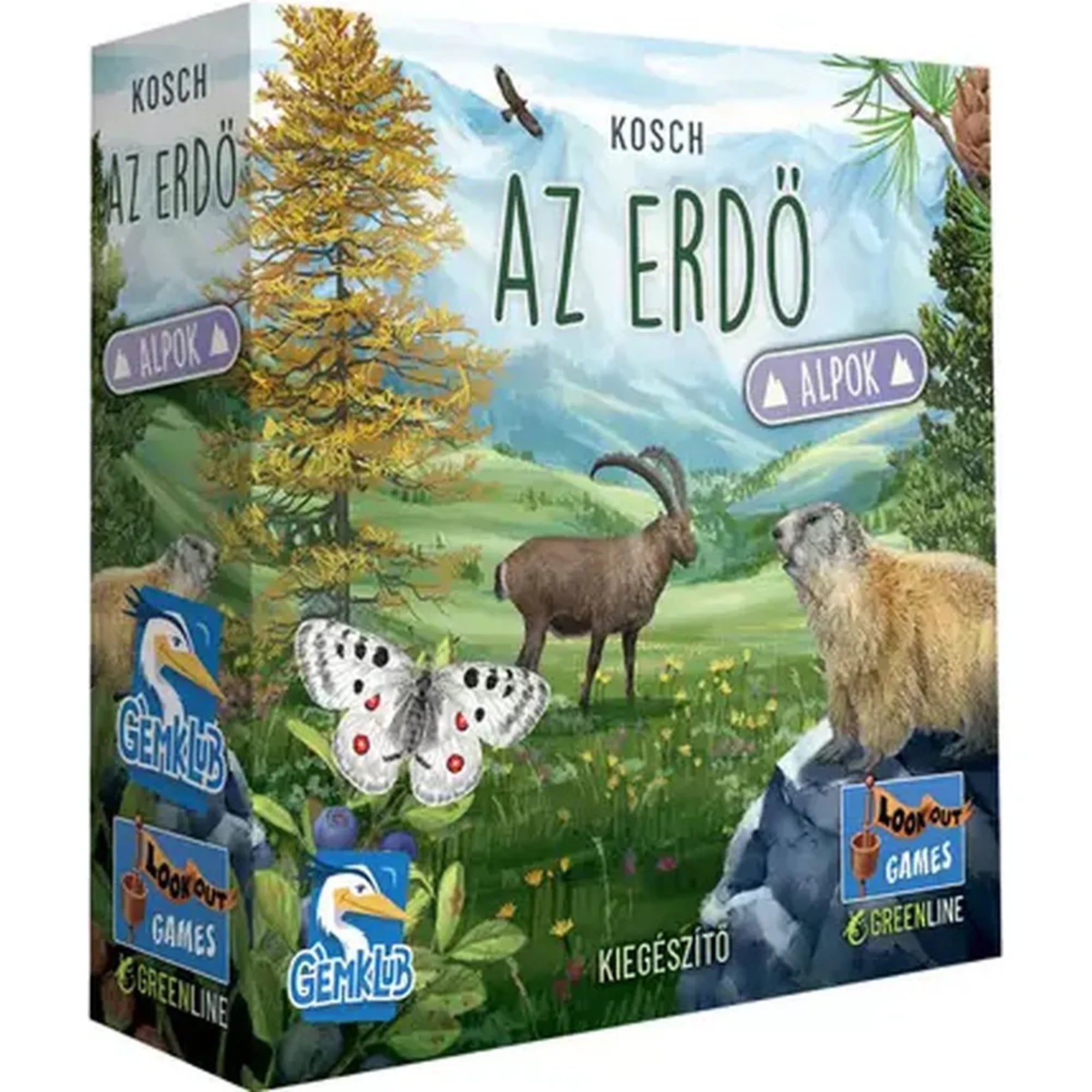 Az „Az erdő: Alpok” társasjáték doboza, amely alpesi tájat ábrázol zergével, mormotával, fenyőfával és pillangóval, a Gemklub és Lookout Games logóival.