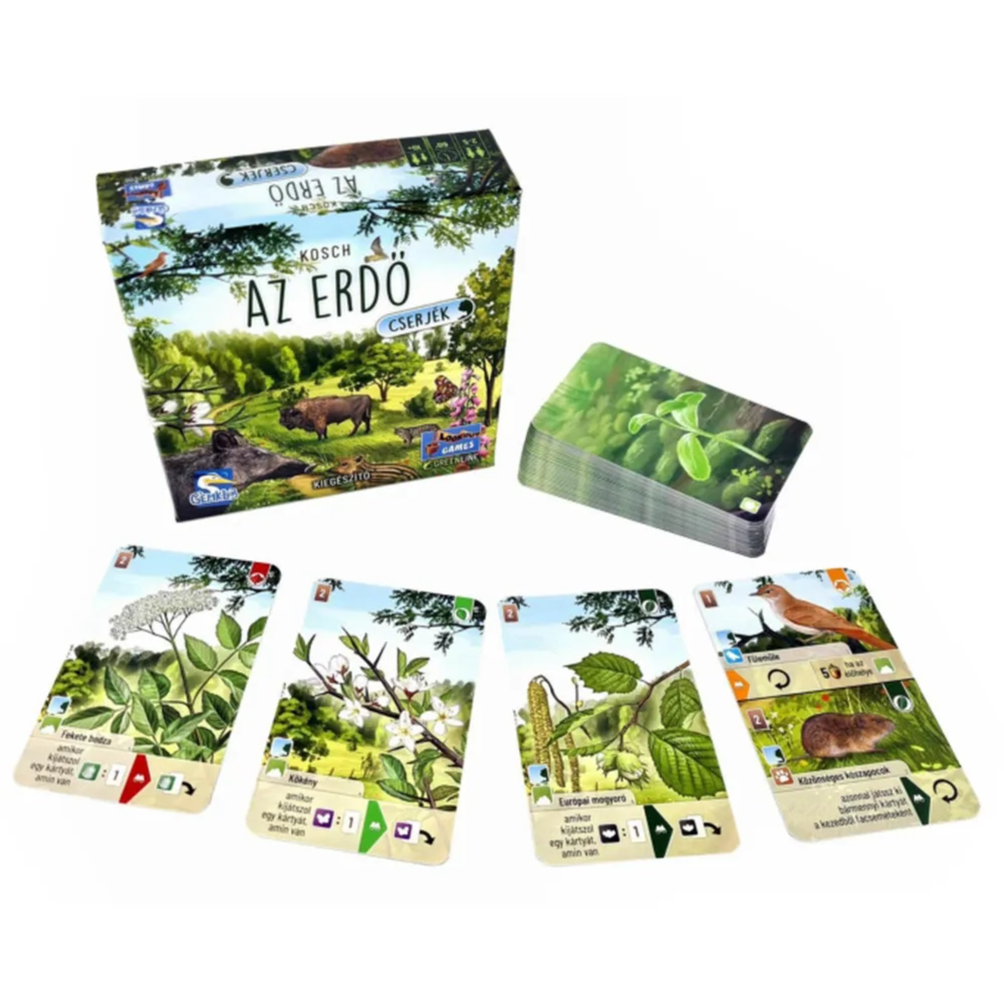 Az „Az erdő: Cserjék” társasjáték tartalma: a doboz, egy pakli kártya és több növény- és állatábrás lap kiterítve, erdei hangulatú illusztrációkkal.