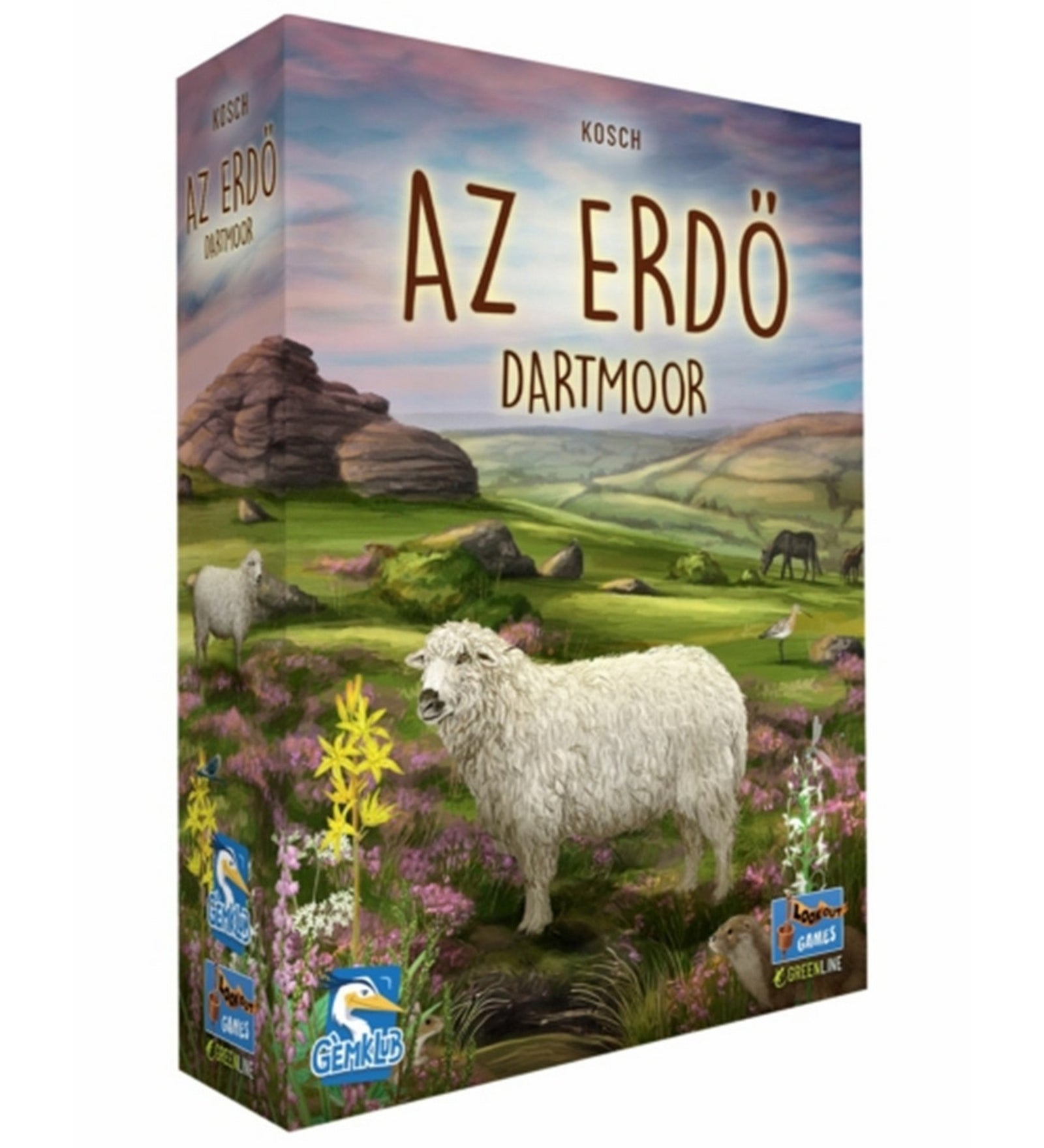 „Az Erdő: Dartmoor társasjáték doboza, előtérben egy juhval és Dartmoor tájképpel.”