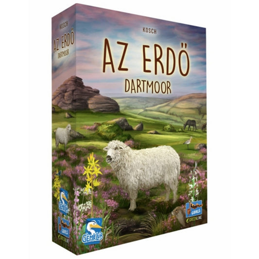„Az Erdő: Dartmoor társasjáték doboza, előtérben egy juhval és Dartmoor tájképpel.”