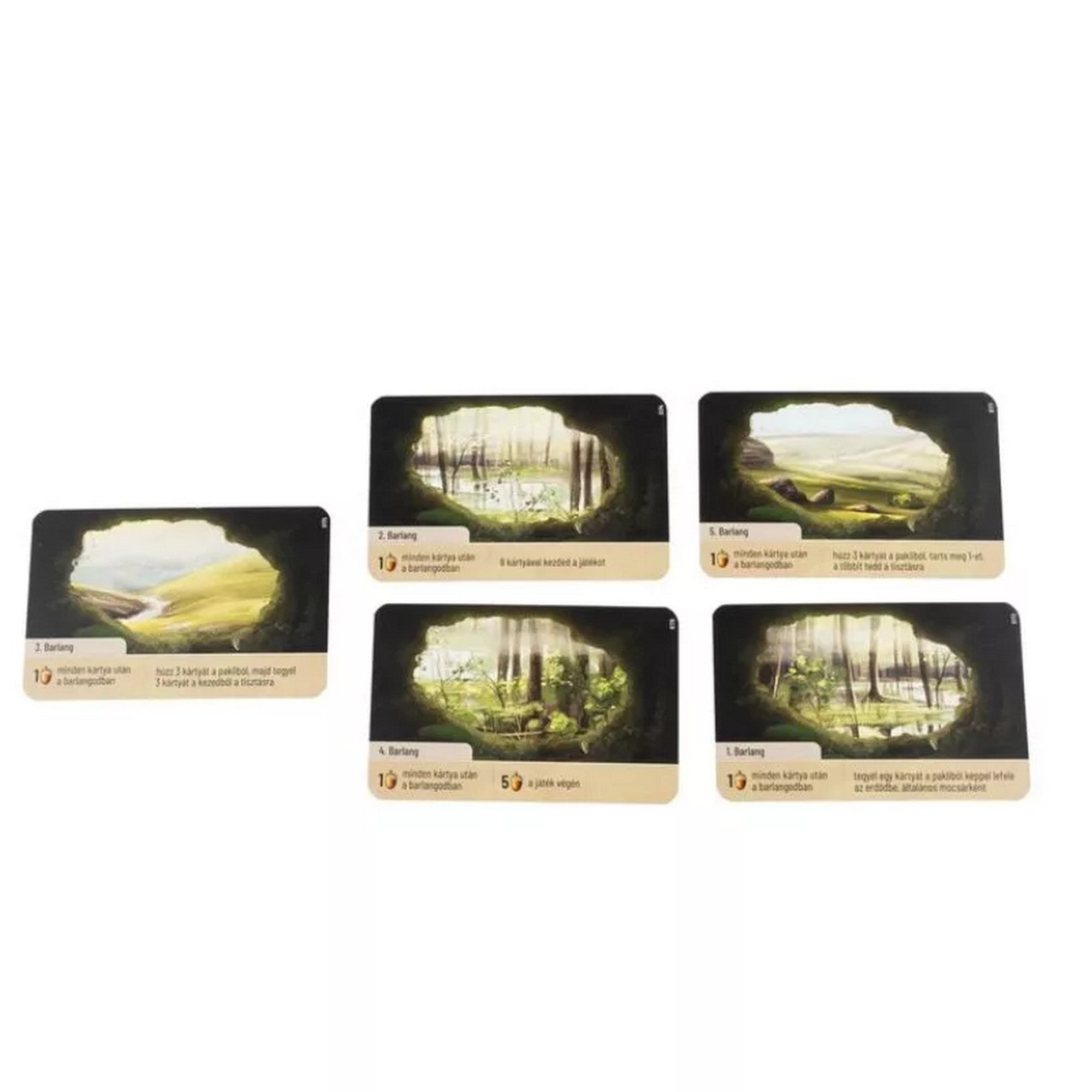 „Az Erdő: Dartmoor barlangkártyái különböző festett tájképekkel és játékszabály ikonokkal.”