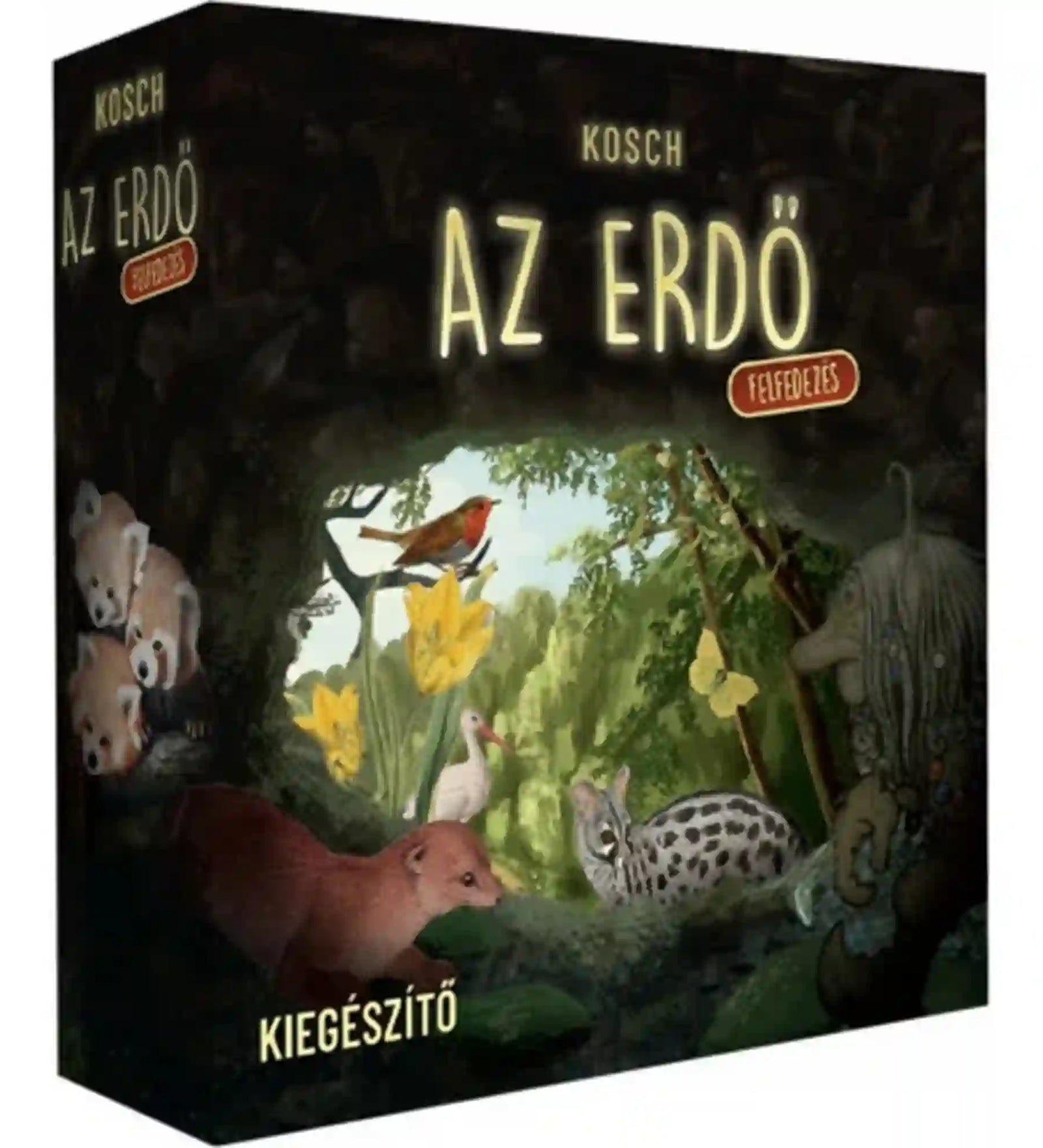 Az Erdő: Felfedezés kiegészítő társasjáték doboza erdei állatokkal, madárral és erdei jelenettel.