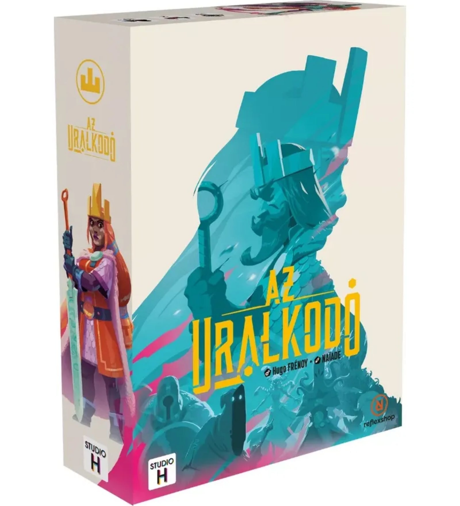 Az Uralkodó magyar nyelvű társasjáték doboza elölnézetből, nagyméretű uralkodó karaktergrafikával, türkiz és rózsaszín színvilággal, Studio H logóval.