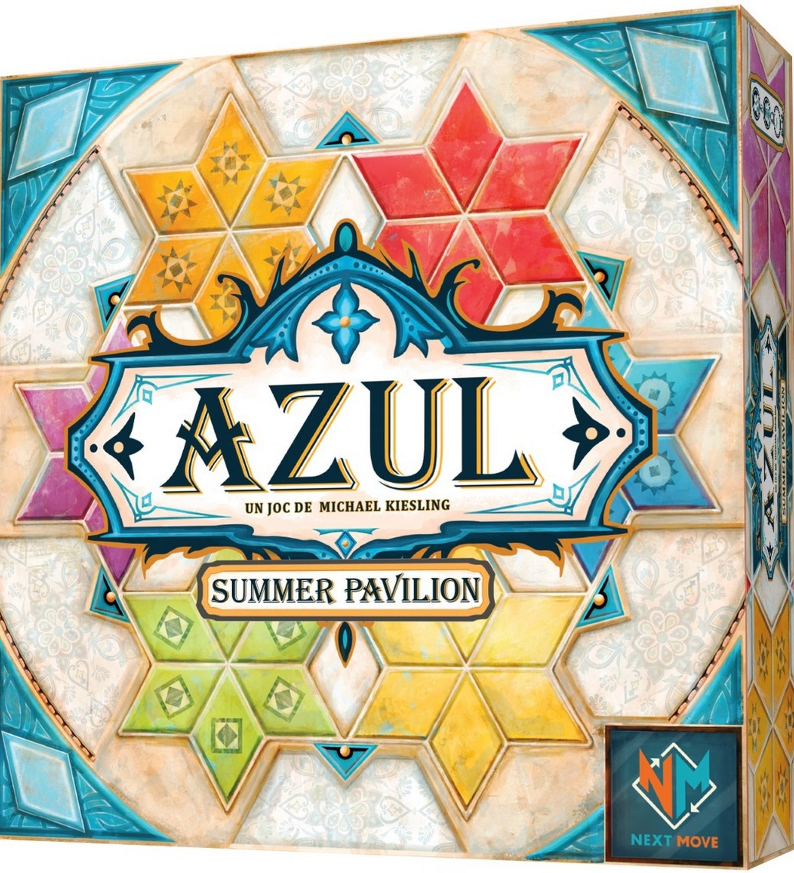 Azul: Summer Pavilion – A társasjáték dobozának elölnézete, színes, geometrikus csempemintákkal és díszes grafikai stílussal.