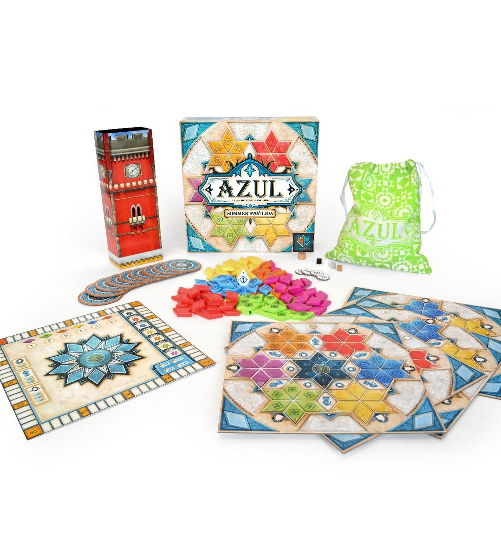 Azul: Summer Pavilion – A játék teljes tartalma kiterítve: játéktáblák, színes csempék, pontozótábla, torony és kiegészítők fehér háttéren.