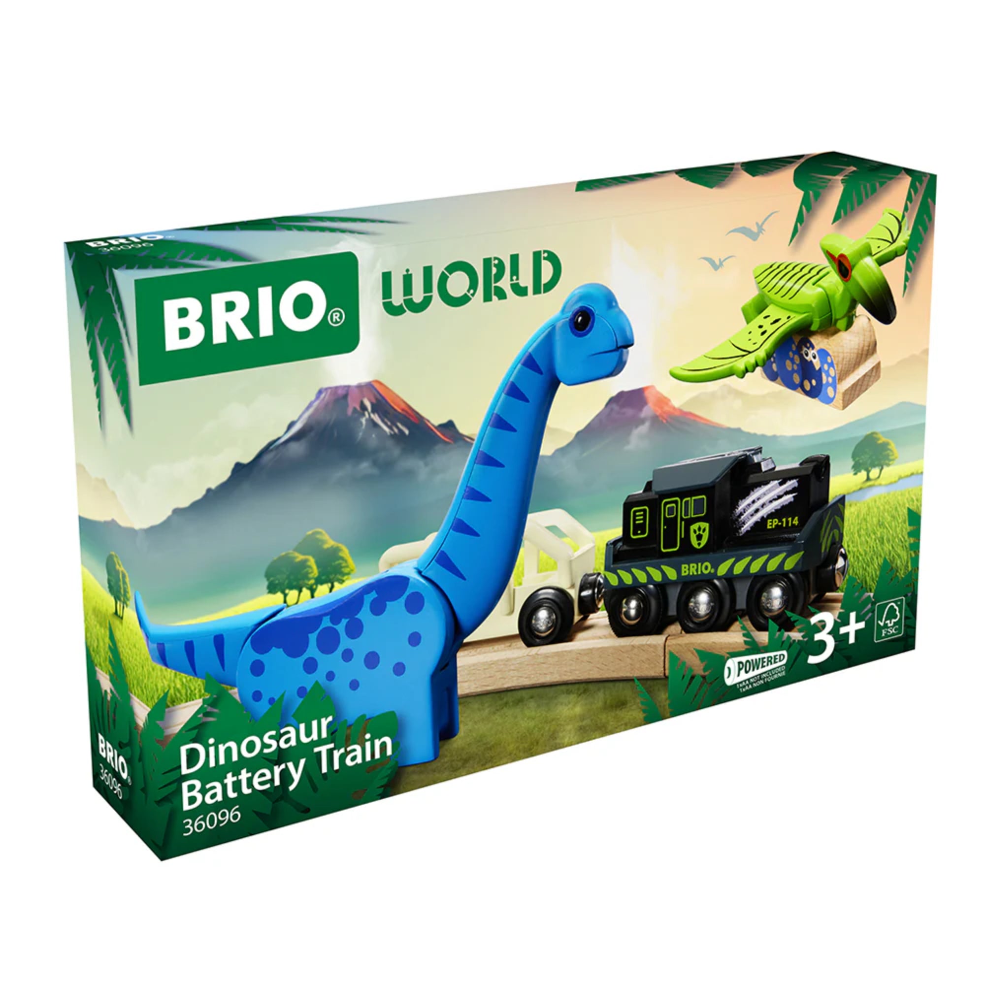 BRIO Dinoszaurusz elemes vonat doboz: A BRIO World Dinoszaurusz elemes vonat készlet doboza, amelyen egy kék brontoszaurusz, zöld pteranodon és fekete elemes mozdony látható vulkános, dzsungeles háttérrel.