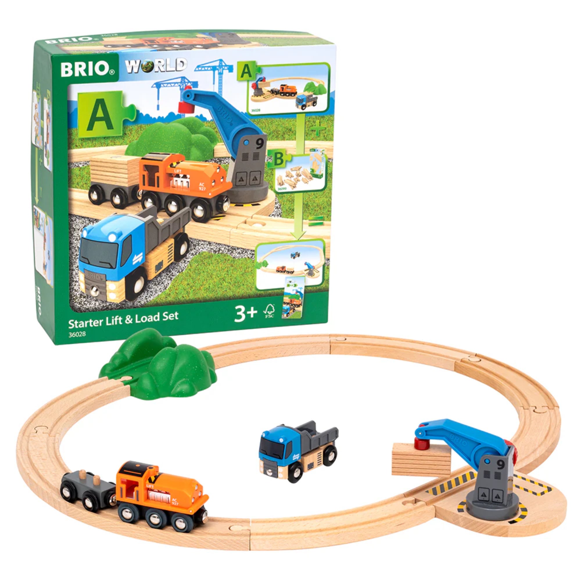 BRIO Kezdő emelő és rakodó készlet pályával: A körpályás készlet fa sínekkel, daruval, teherautóval és rakománnyal, ideális első BRIO vasúti élményhez.