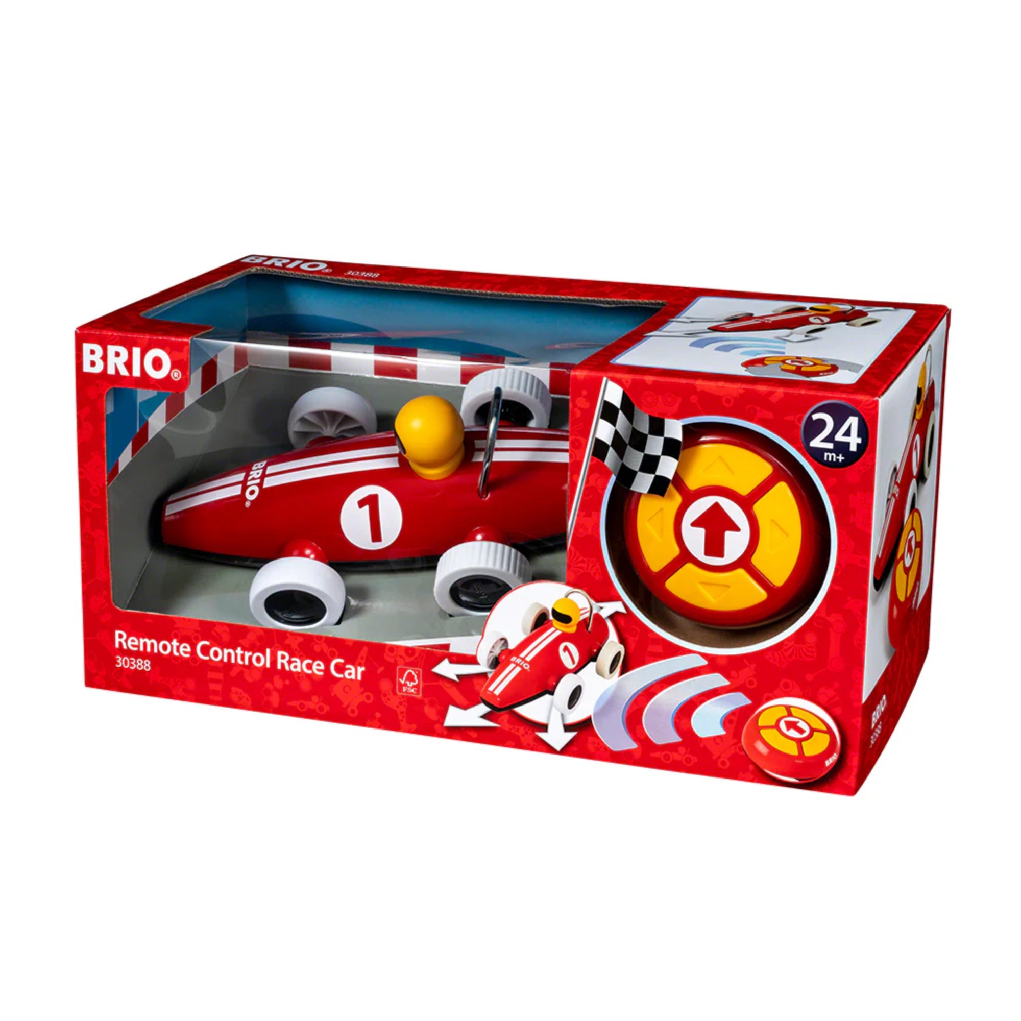 BRIO távirányítós versenyautó csomagolás oldalnézetből: A piros BRIO Remote Control Race Car doboza oldalról, jól látható az autó, a távirányító és a mozgást jelző illusztrációk.