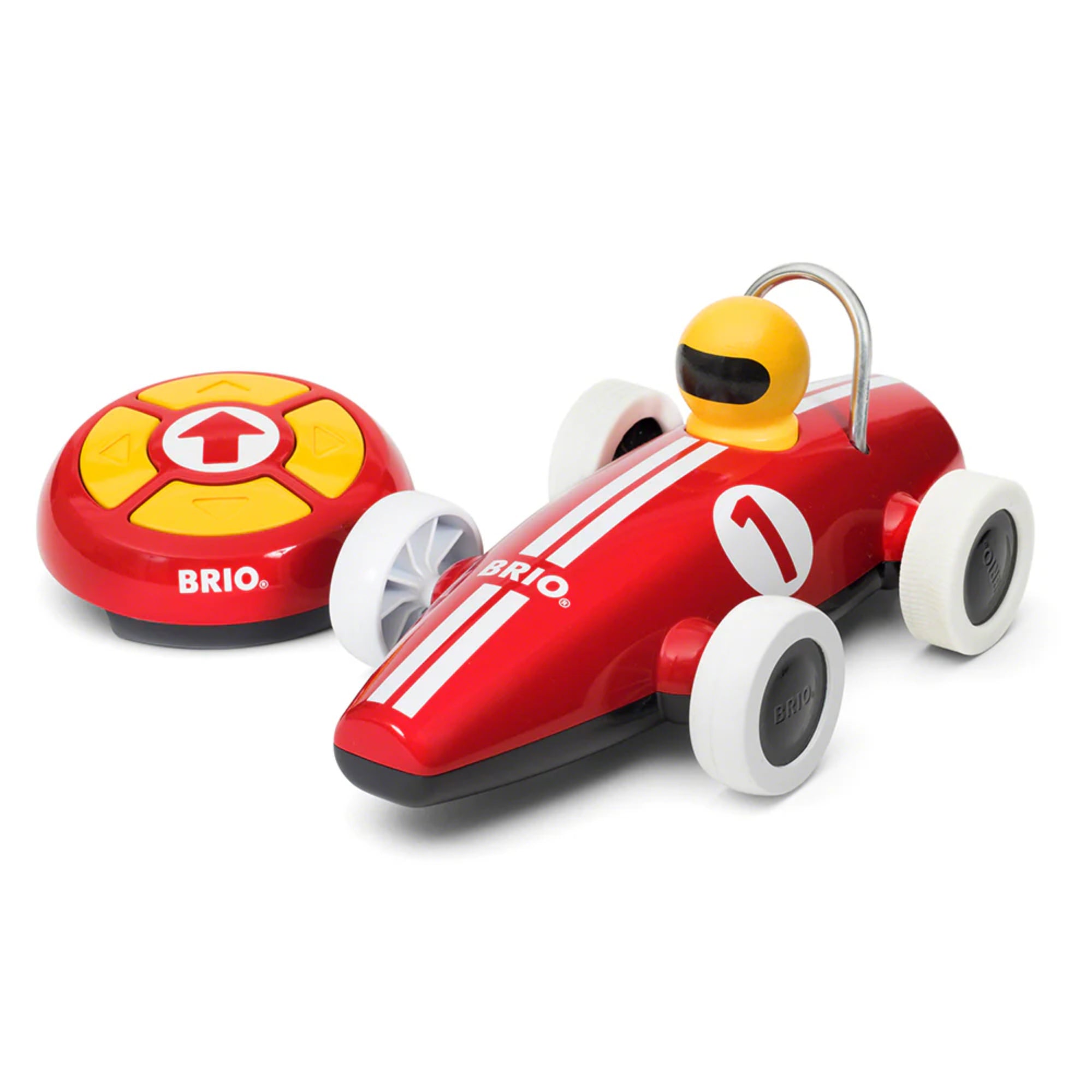 BRIO távirányítós versenyautó és irányító: A piros, fehér csíkos BRIO versenyautó a hozzá tartozó sárga-piros, gombos távirányítóval, amely egyszerű vezérlést biztosít a legkisebbeknek.