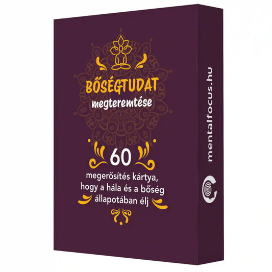 Bőségtudat megteremtése – 60 megerősítés kártya díszdoboza, a kártyacsomag eredeti csomagolása.
