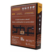 A Bandido társasjáték dobozának hátoldala, amely a játékszabályt, jellemzőket és egy alagútrendszert ábrázoló illusztrációt mutat.