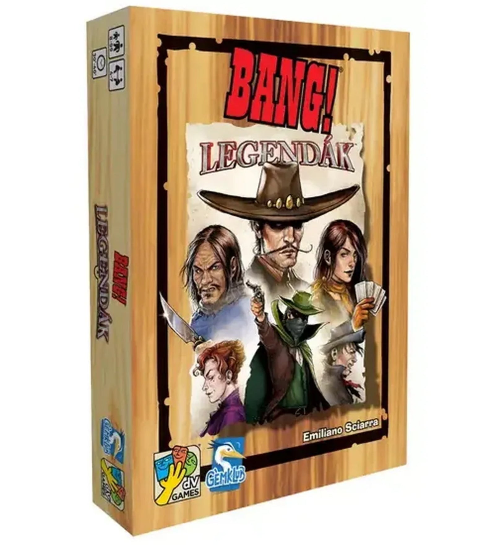 Bang! – Legendák doboz elölnézetből, western stílusú illusztrációval, középen egy cowboy kalapban, körülötte ikonikus karakterek arcképeivel.