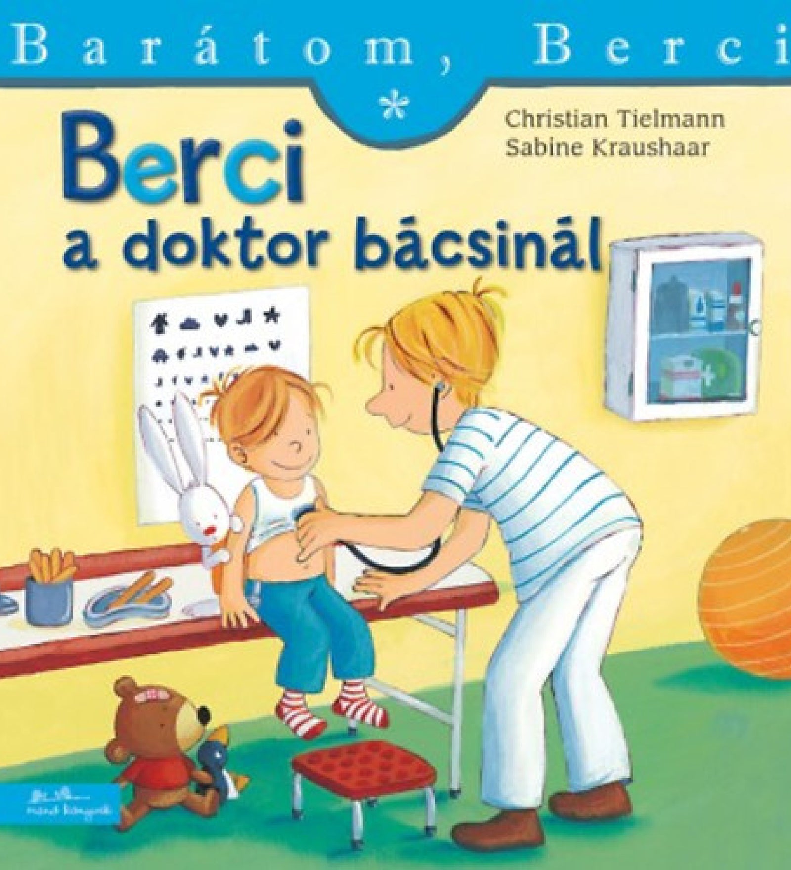 A „Berci a doktor bácsinál” című könyv borítója a Barátom, Berci sorozatból. A képen Berci ül egy vizsgálóasztalon, mosolyogva hagyja, hogy a doktor bácsi sztetoszkóppal meghallgassa a mellkasát. Berci fehér atlétát és kék nadrágot visel, ölében kedvenc nyuszi plüssjátéka ül. A háttérben egy látásteszt tábla, orvosi felszerelés és egy gyógyszeres szekrény látható. A padlón egy barna maci és egy kis játékfigura ülnek. A jelenet barátságos, megnyugtató hangulatot áraszt.