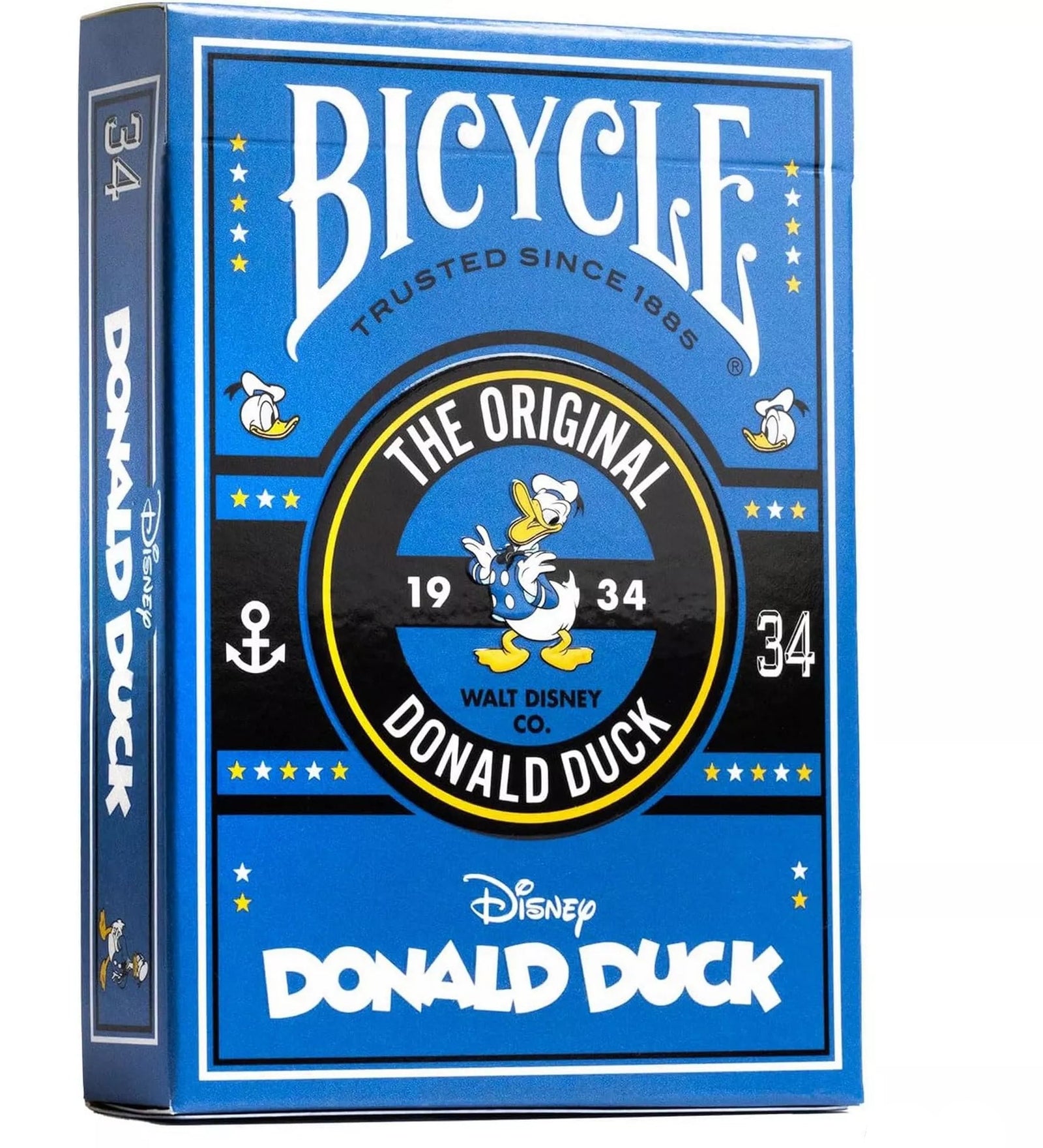 A Bicycle Donald Duck kártyapakli doboza klasszikus kék színben, középen Donald kacsa rajzával és a „The Original Donald Duck 1934” felirattal.
