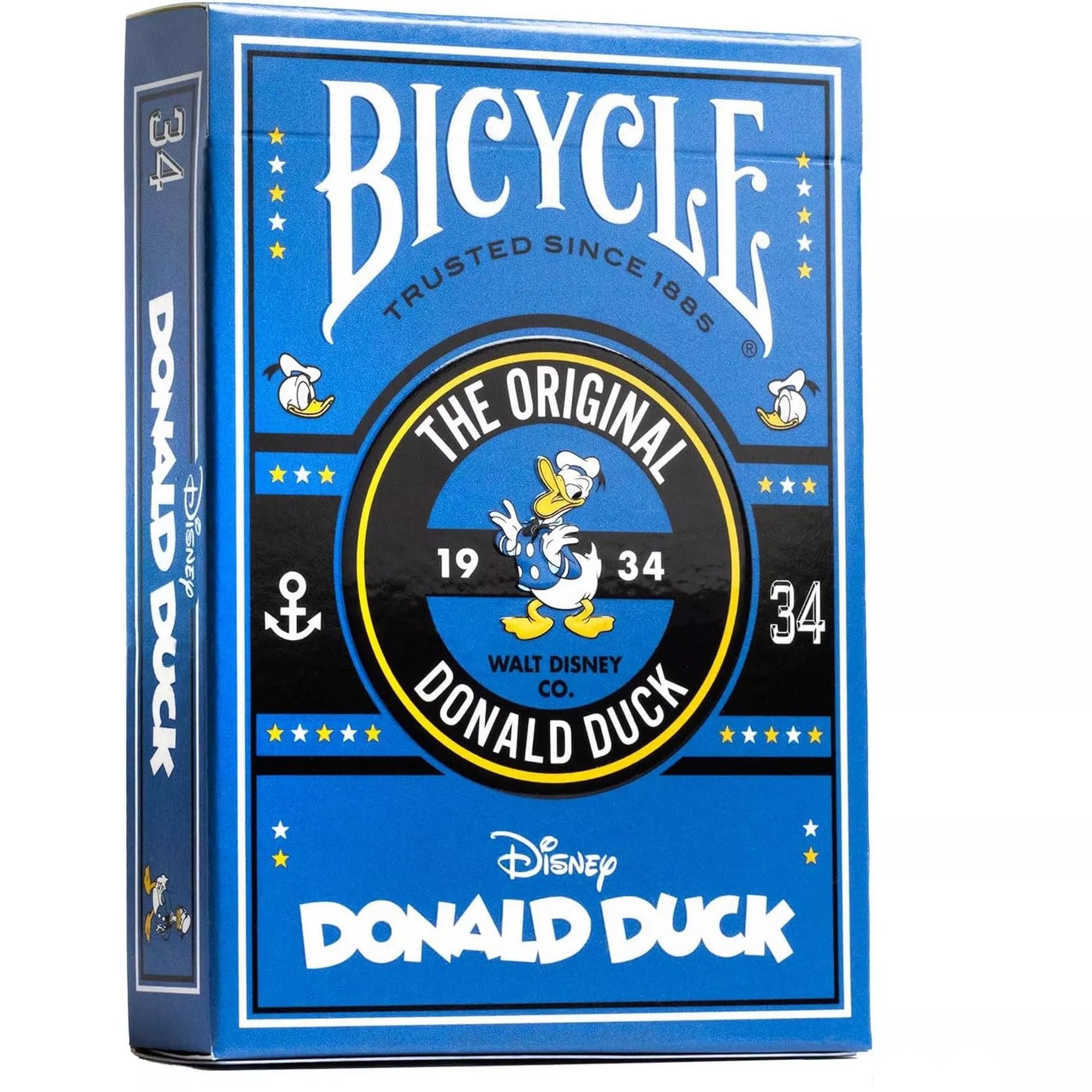 A Bicycle Donald Duck kártyapakli doboza klasszikus kék színben, középen Donald kacsa rajzával és a „The Original Donald Duck 1934” felirattal.