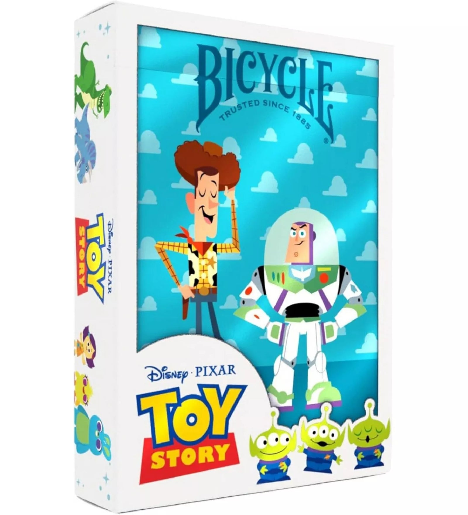 A Bicycle Disney Pixar Toy Story kártyapakli dobozának előlapja Woodyval és Buzz Lightyearrel, kék háttérrel és a Toy Story logóval díszítve.