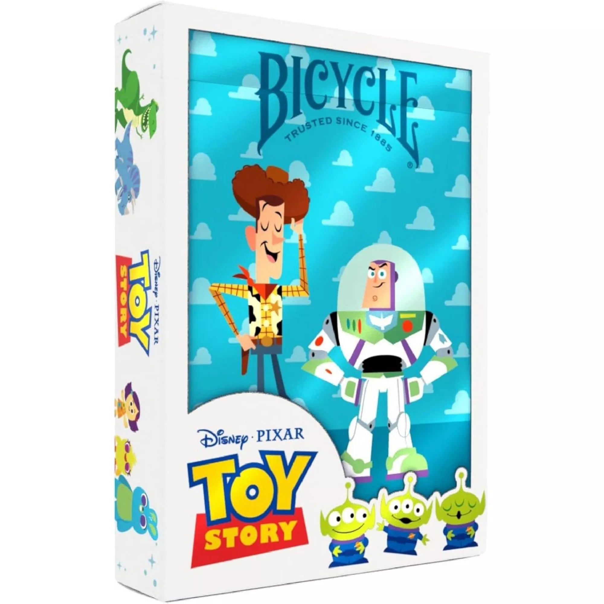 A Bicycle Disney Pixar Toy Story kártyapakli dobozának előlapja Woodyval és Buzz Lightyearrel, kék háttérrel és a Toy Story logóval díszítve.