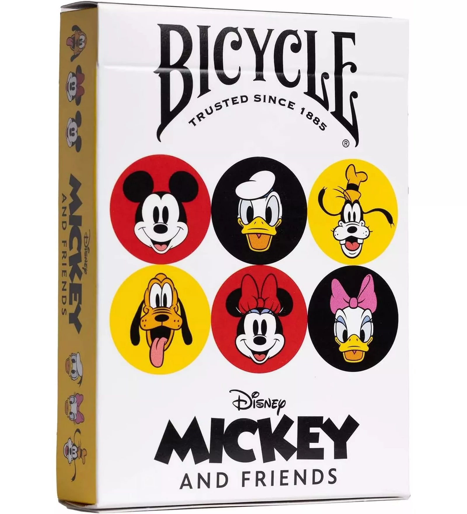 A Bicycle Disney Mickey and Friends kártyapakli doboza, melyen Mickey egér, Donald kacsa, Goofy, Pluto, Minnie és Daisy színes körökben látható.