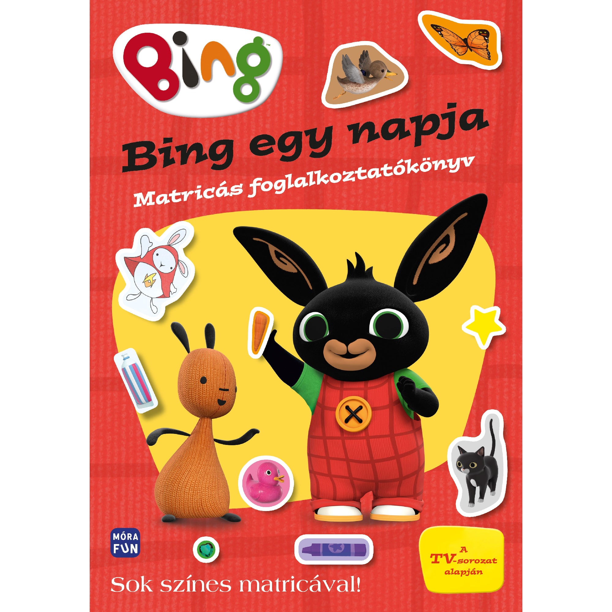 „Bing egy napja – Matricás foglalkoztatókönyv” borító – piros háttér előtt Bing és barátja, Flop látható, körülöttük színes matricák, mint nyuszi, kacsa, csillag és filctoll.