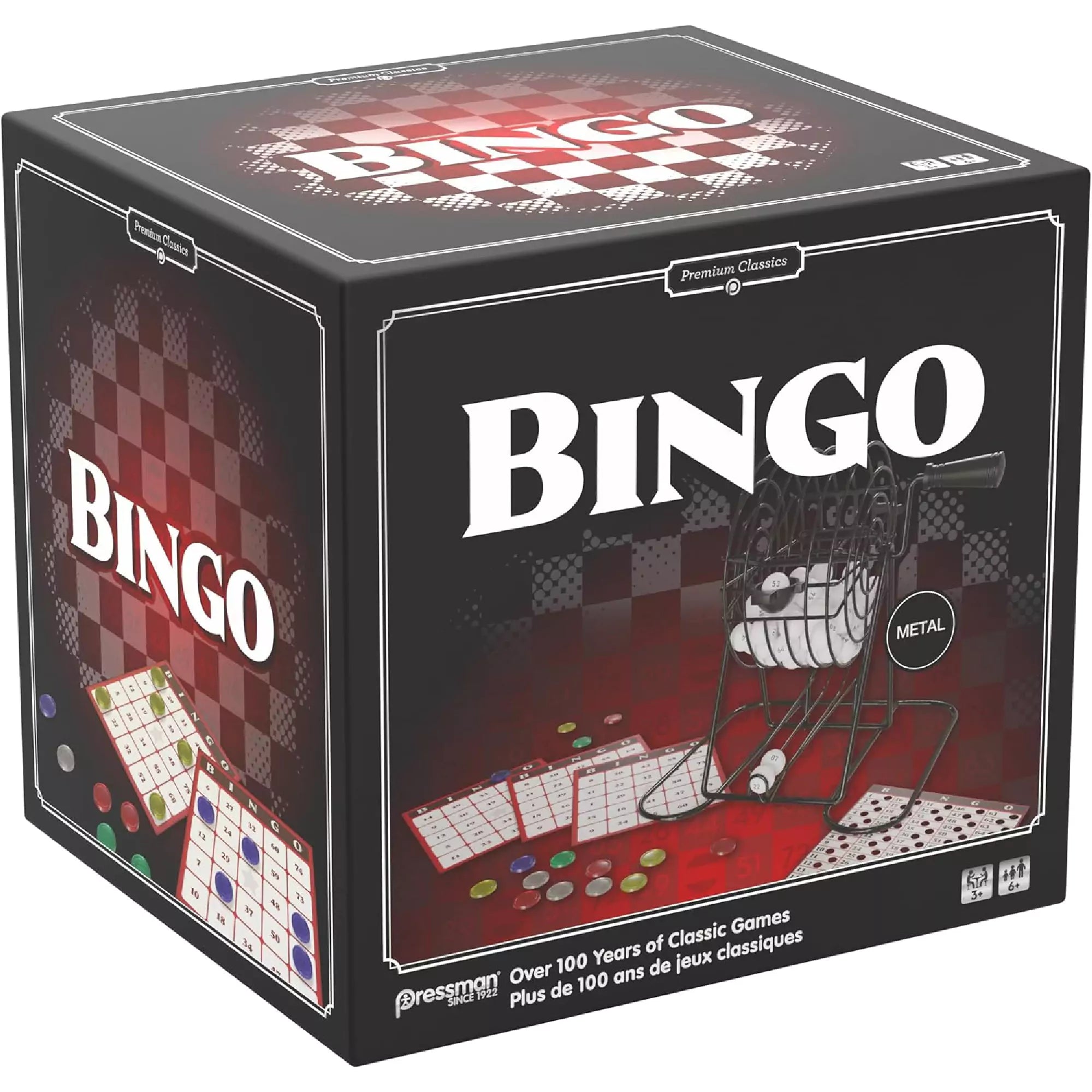 A Bingo társasjáték doboza oldalnézetből, látható a játék fém sorsolódobja, a bingólabdák, kártyák és zsetonok.