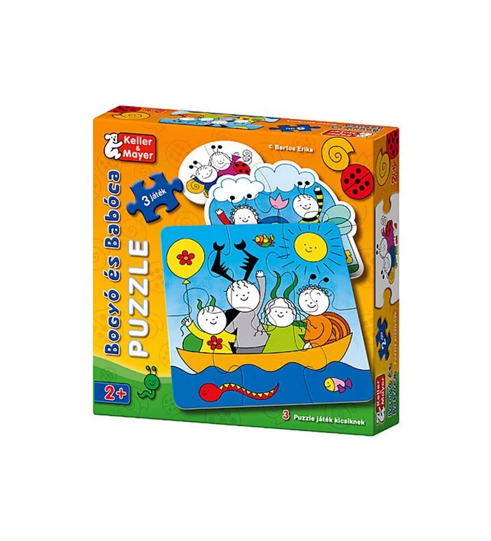 Bogyó és Babóca bébi puzzle – színes kartondoboz három különböző mintájú puzzle képével, 2 éves kortól ajánlva.