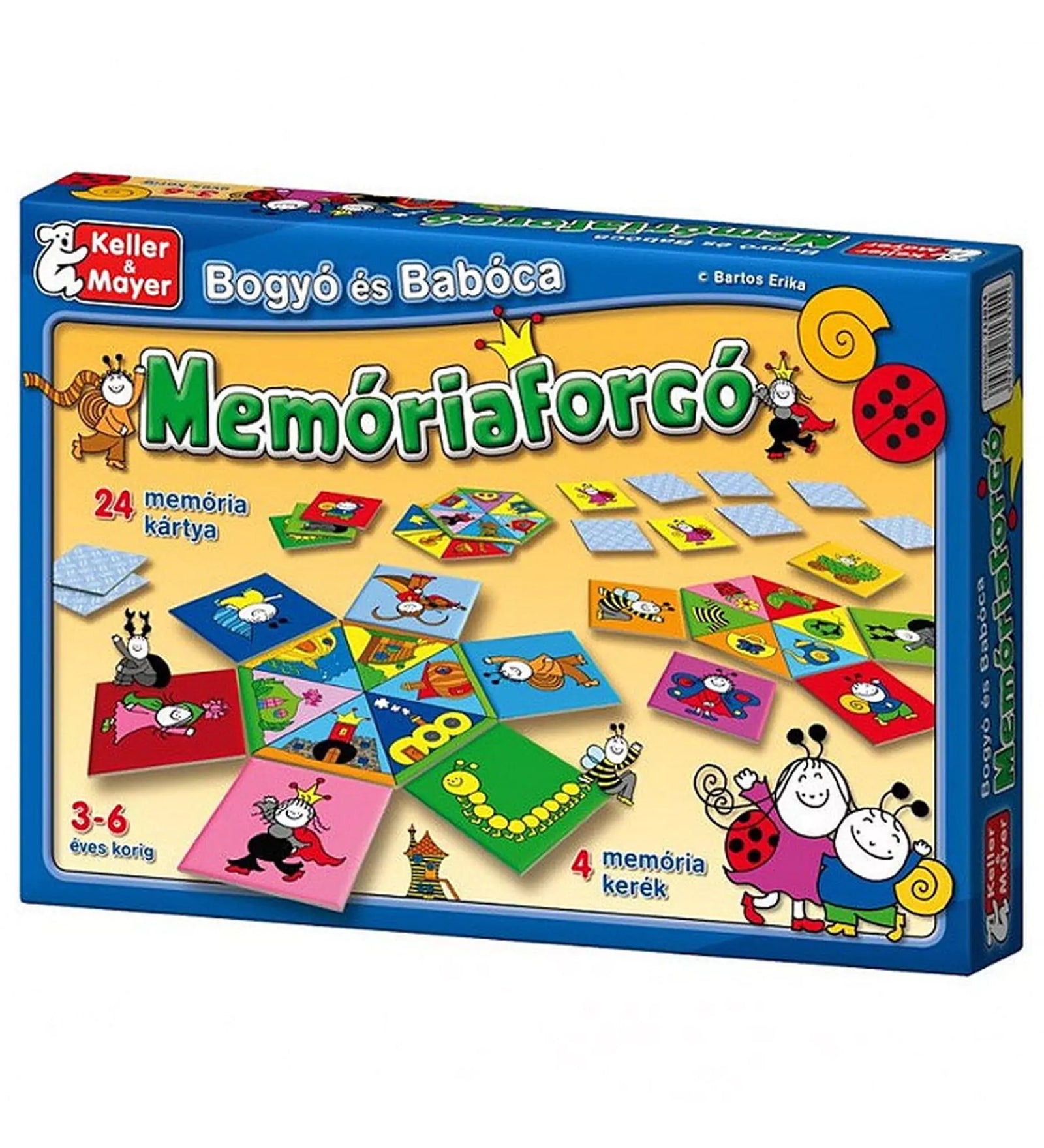 Bogyó és Babóca Memóriaforgó – a doboz eleje színes memóriakártyákkal és figurákkal, 3–6 éves gyerekeknek.